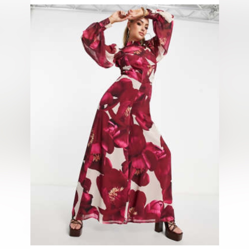 NWT/NIB- ASOS LUXE ROSE PRINT CHIFFON JUMPSUIT w BLOUSON SLEEVES & WIDE LEG